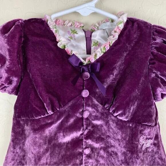 GUESS Baby Crushed Velvet Dress Purple with Buttons Bows Back Zip Sz 12M Velour - Picture 2 of 10